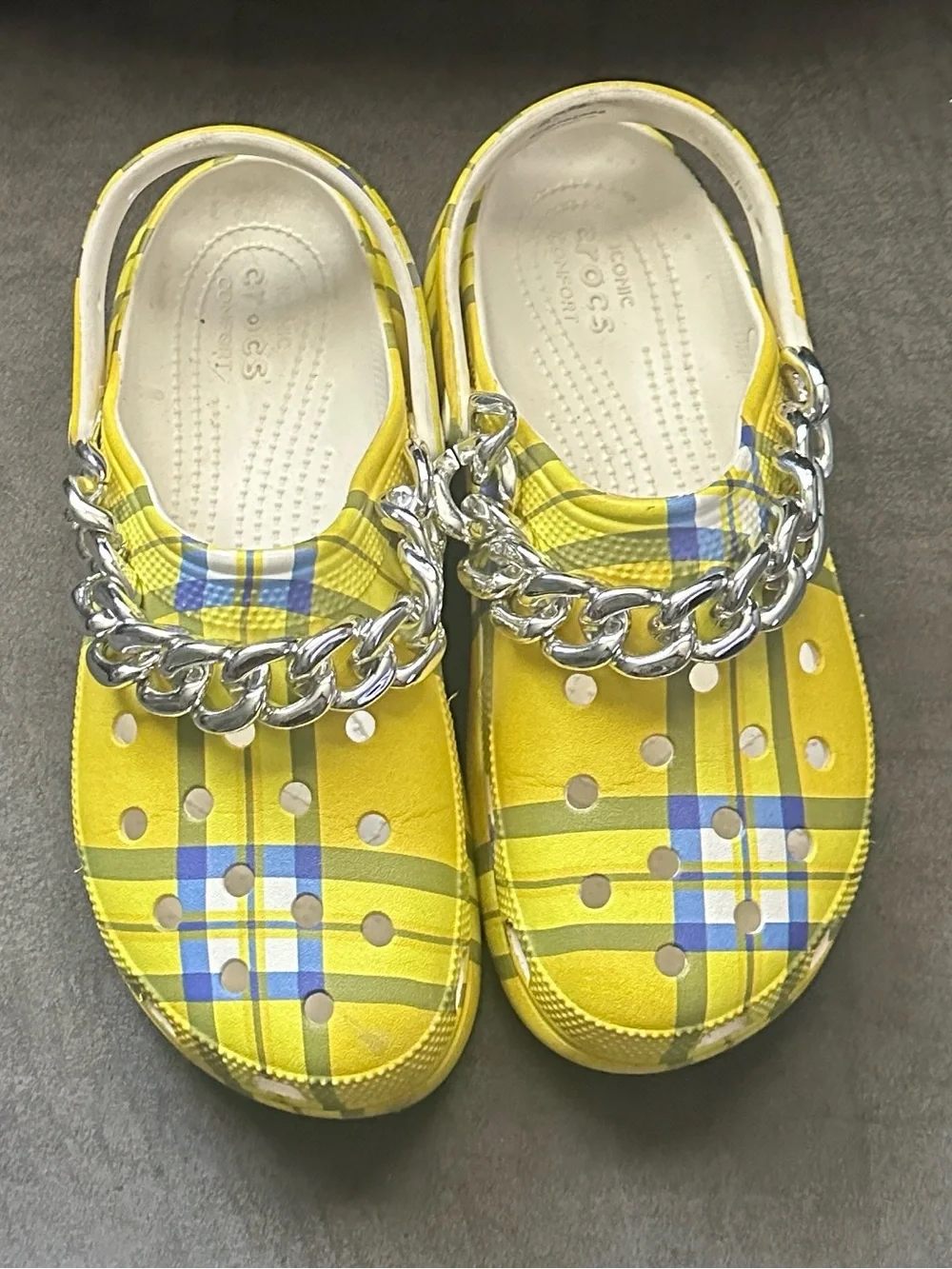 CROCS Yellow Plaid Clogs with Silver Chain Accent